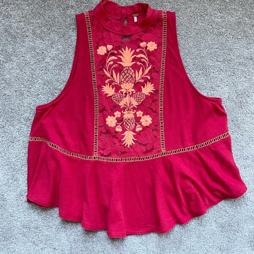 Free People Pineapple Top. Embroidered. Medium. Red. New without tags.